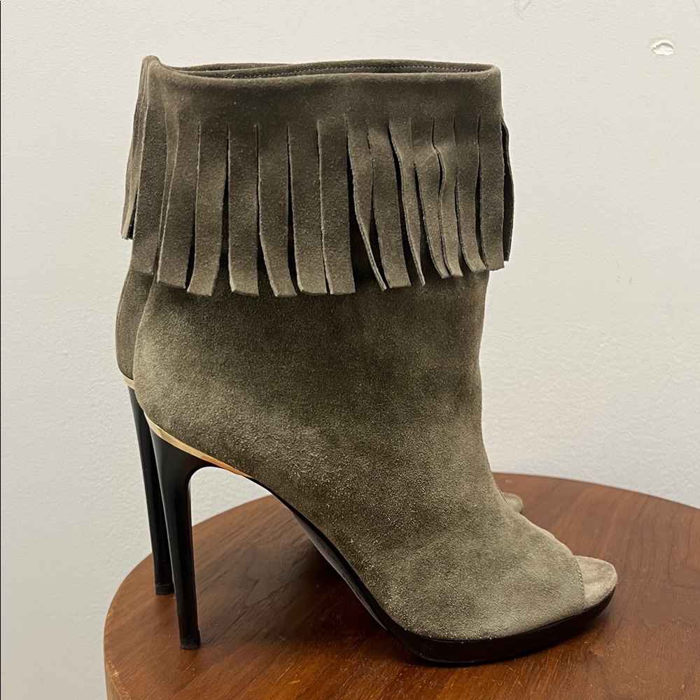 Burberry Mossy Olive Fringe Suede Peep-Toe Bootie